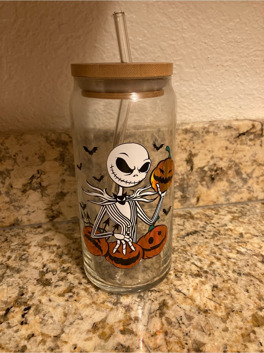 Nightmare Pumpkin Glass Tumbler with Bamboo Lid